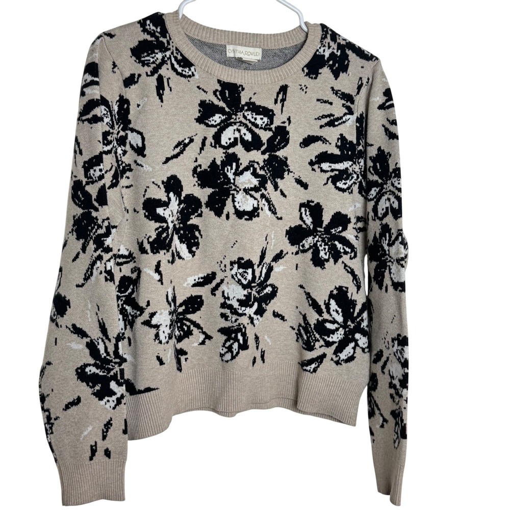 Cynthia Rowley‎ Floral Print Knit Sweater Beige Black Womens XL